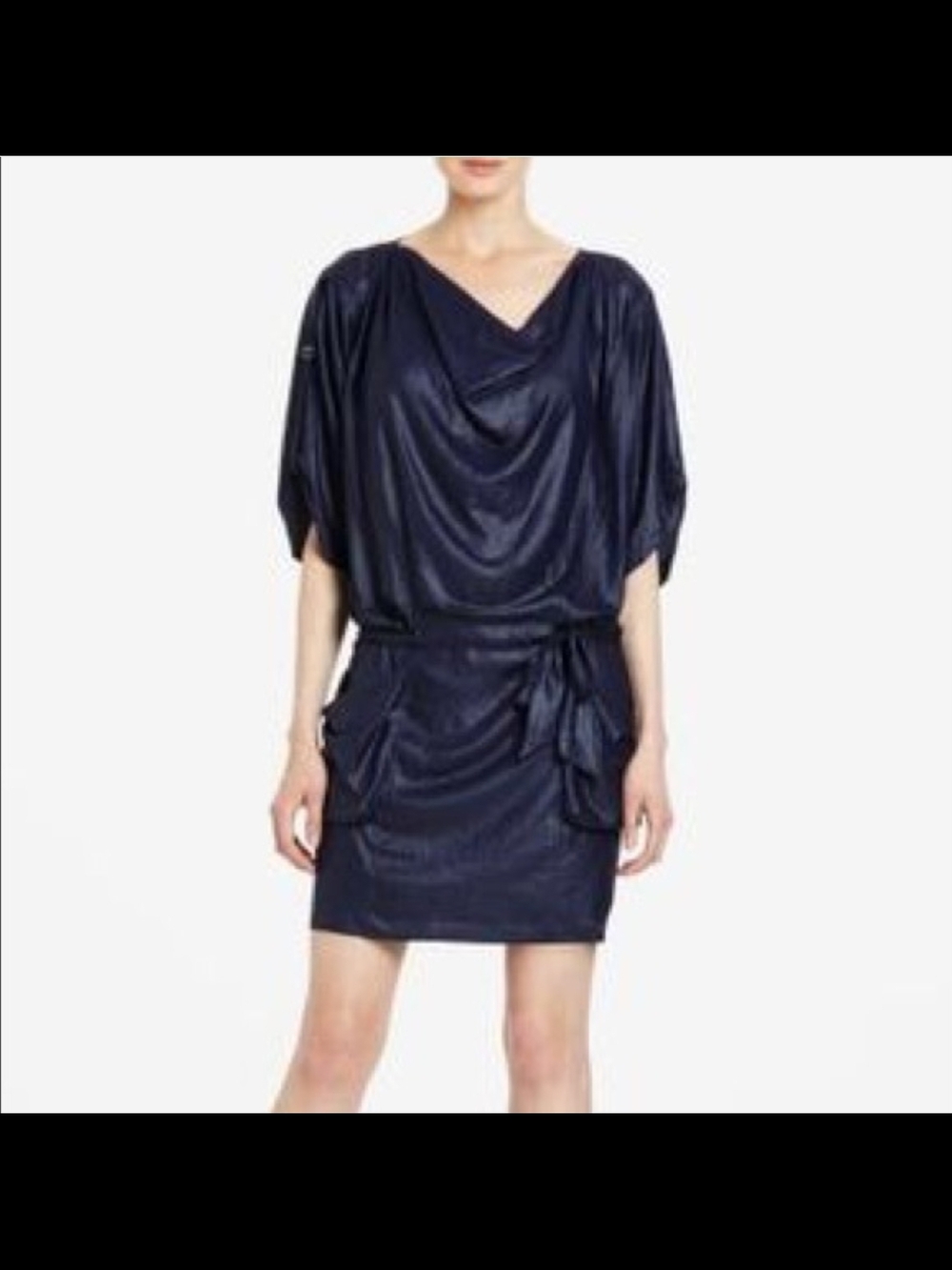 BCBGMaxAzria Draped Cowl Neck Dolman Sleeve Dress With Waist Tie And Pockets